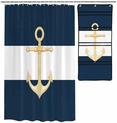 ZFUNCING Gold Sea Anchor Blue White Waterproof Shower Curtain Set
