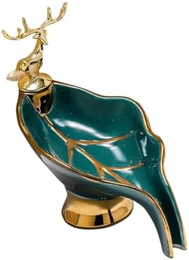 Compact Ceramic Soap Dish with Gold Deer Self-Draining for Bathroom Kitchen