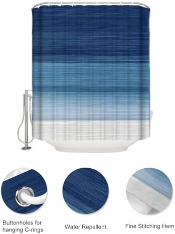 ZFUNCING Navy Blue White Gradient Shower Curtain Set with 10 Pockets