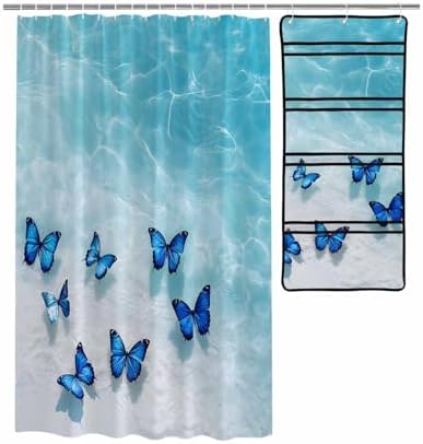 ZFUNCING Summer Blue Butterfly Waterproof Shower Curtain Set with Hooks