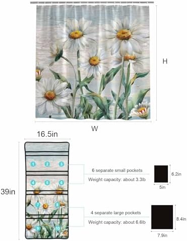 ZFUNCING Rustic Floral Shower Curtain with 10 Pockets Organizer Set