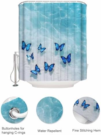 ZFUNCING Summer Blue Butterfly Waterproof Shower Curtain Set with Hooks