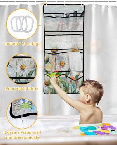 ZFUNCING Rustic Floral Shower Curtain with 10 Pockets Organizer Set