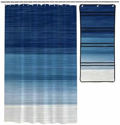 ZFUNCING Navy Blue White Gradient Shower Curtain Set with 10 Pockets