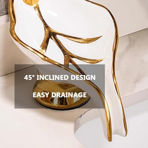 Compact Ceramic Soap Dish with Gold Deer Self-Draining for Bathroom Kitchen