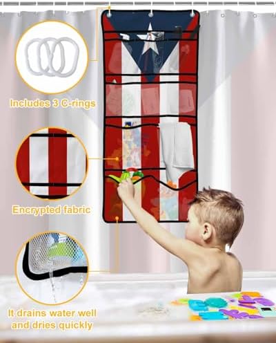 Shower Curtain Set with 10 Pockets and Puerto Rico FlagC