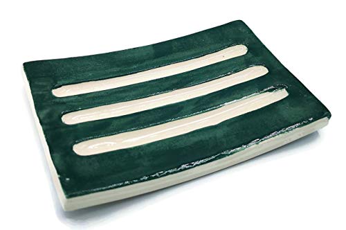 Dark Green Handmade Soap Dish Ceramic Minimalist Rectangle