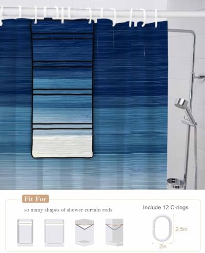 ZFUNCING Navy Blue White Gradient Shower Curtain Set with 10 Pockets