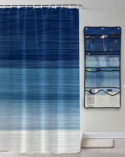ZFUNCING Navy Blue White Gradient Shower Curtain Set with 10 Pockets