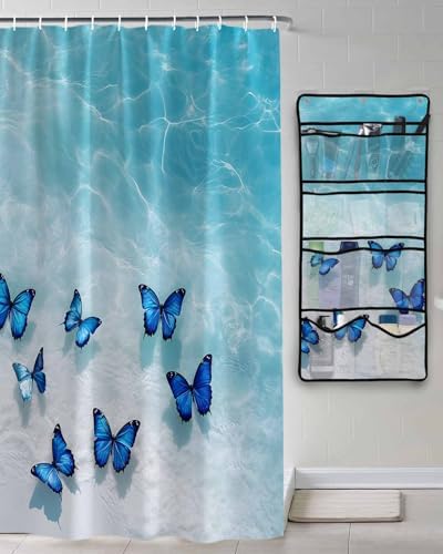 ZFUNCING Summer Blue Butterfly Waterproof Shower Curtain Set with Hooks
