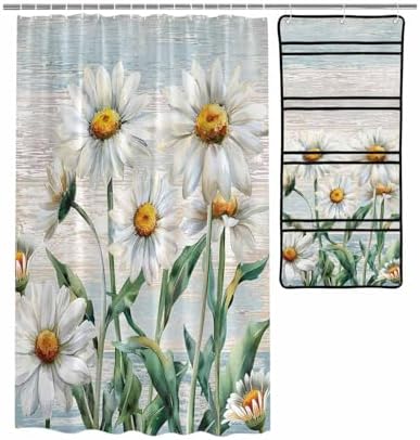 ZFUNCING Rustic Floral Shower Curtain with 10 Pockets Organizer Set