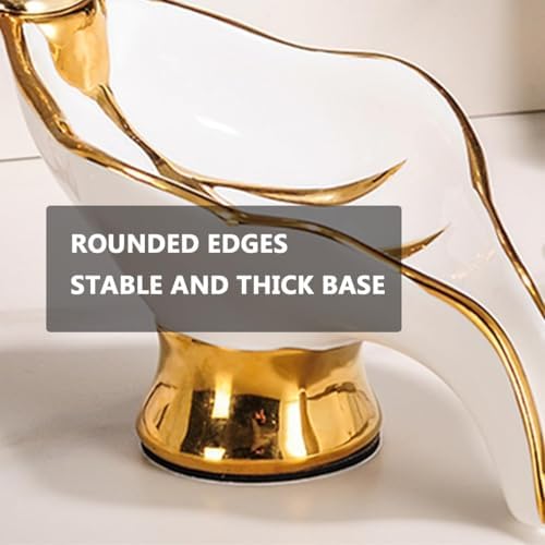 Compact Ceramic Soap Dish with Gold Deer Self-Draining for Bathroom Kitchen