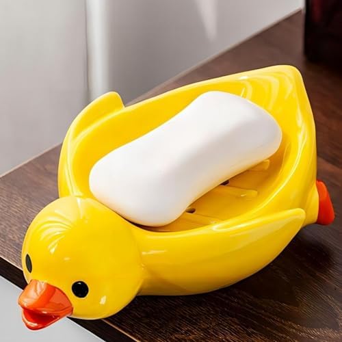 Cute Duck Soap Dish with Self Drain Holes Ceramic 185cm Soap Holder Yellow