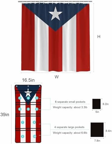 Shower Curtain Set with 10 Pockets and Puerto Rico FlagC