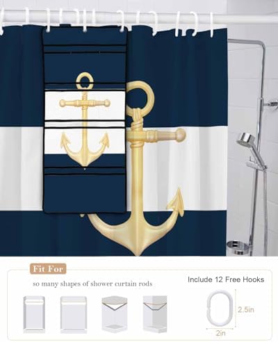 ZFUNCING Gold Sea Anchor Blue White Waterproof Shower Curtain Set