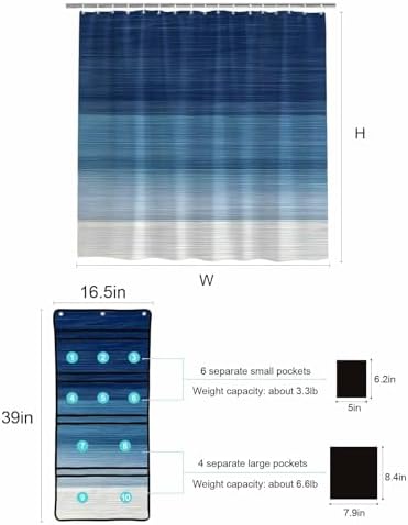 ZFUNCING Navy Blue White Gradient Shower Curtain Set with 10 Pockets
