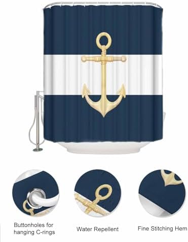 ZFUNCING Gold Sea Anchor Blue White Waterproof Shower Curtain Set