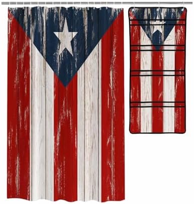 Herbed Puerto Rico Flag Water Proof ShowerCurtain Organizer Set with 10 Pockets