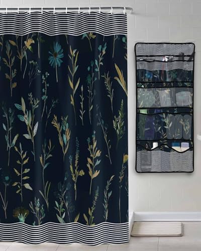 ZFUNCING Waterproof Shower Curtain with Mesh Organizer and Hooks