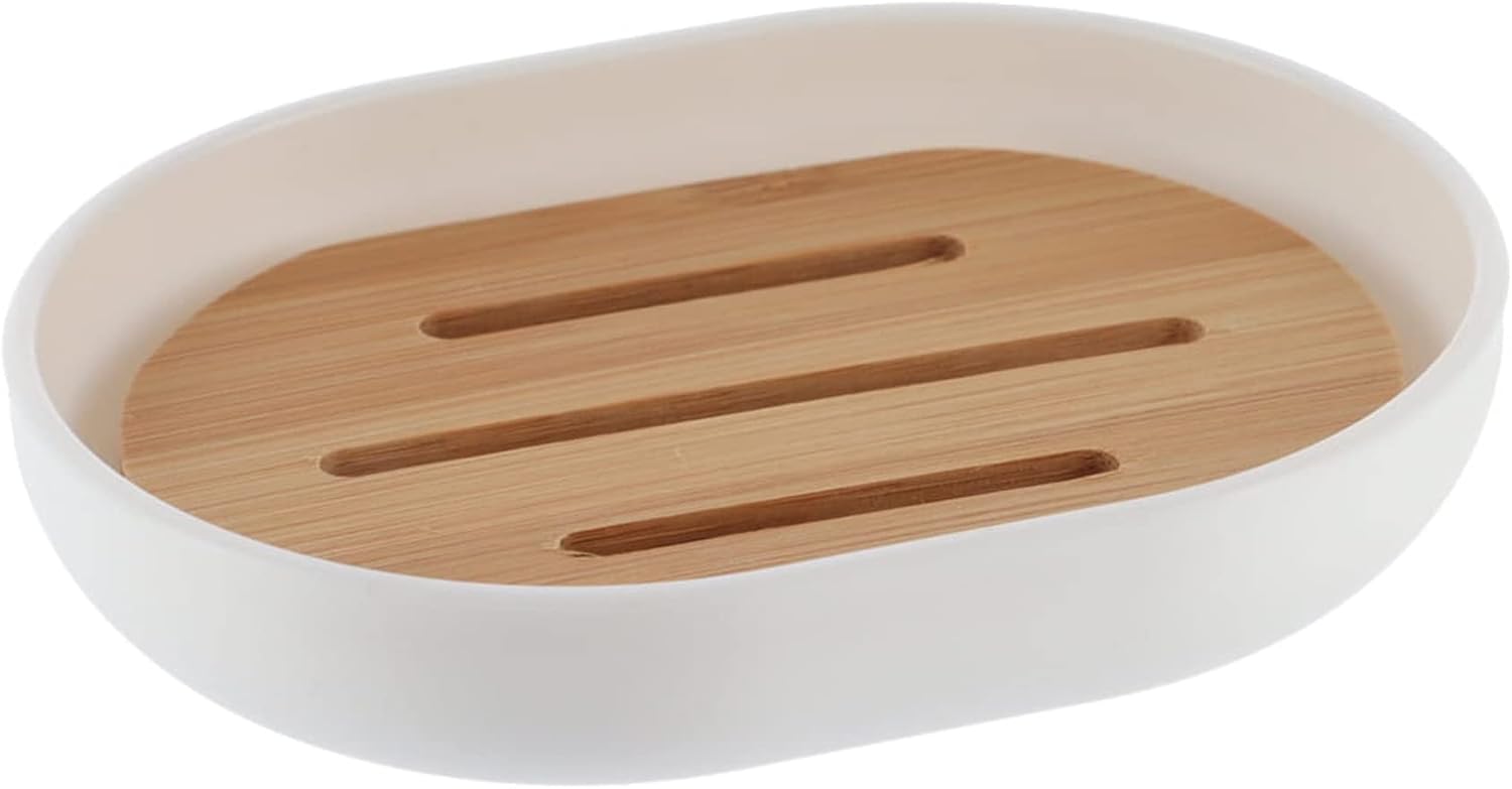 EVIDECO Premium White Soap Dish with Bamboo Tray - Stylish Bathroom Accessory