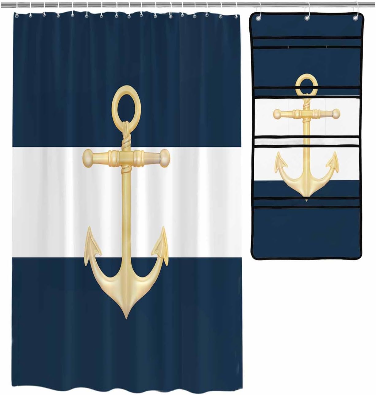 ZFUNCING Gold Sea Anchor Blue White Waterproof Shower Curtain Set