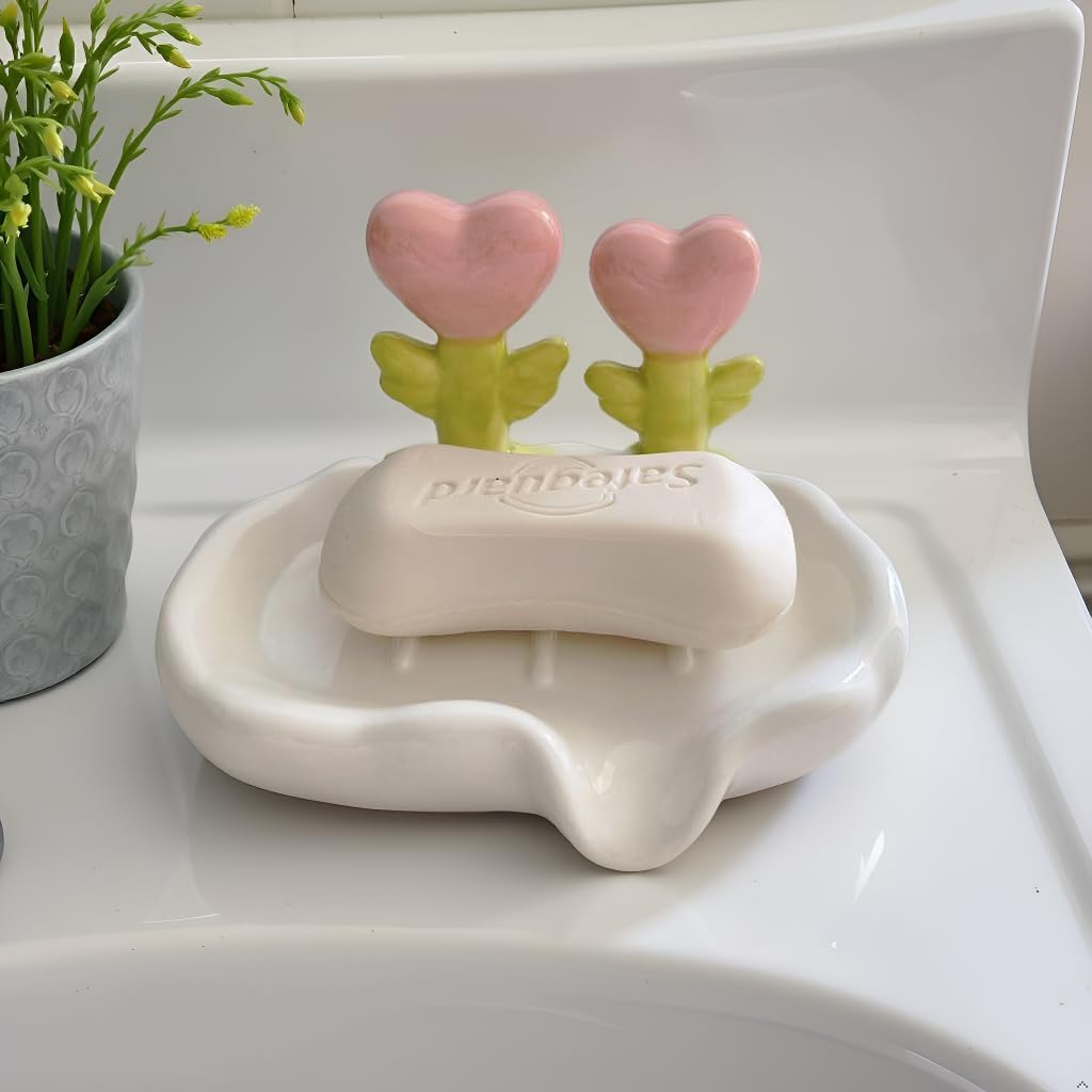 Self-Draining Ceramic Soap Dish for Bathroom Sink