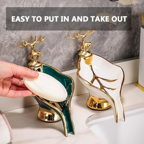 Compact Ceramic Soap Dish with Gold Deer Self-Draining for Bathroom Kitchen