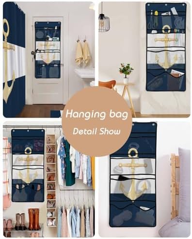 ZFUNCING Gold Sea Anchor Blue White Waterproof Shower Curtain Set