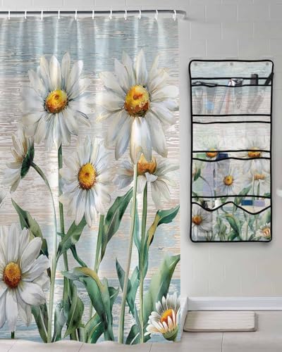 ZFUNCING Rustic Floral Shower Curtain with 10 Pockets Organizer Set