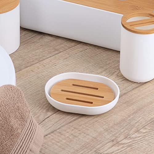 EVIDECO Premium White Soap Dish with Bamboo Tray - Stylish Bathroom Accessory