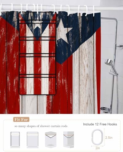 Herbed Puerto Rico Flag Water Proof ShowerCurtain Organizer Set with 10 Pockets