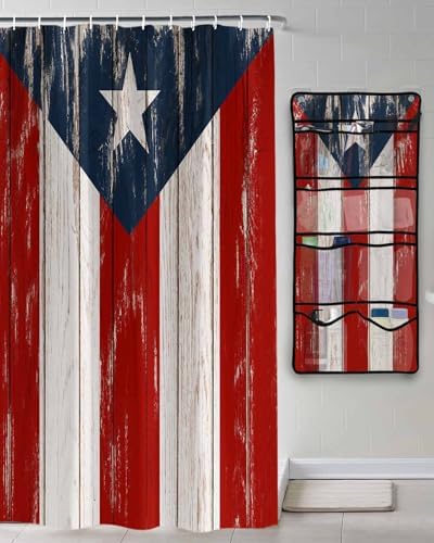 Herbed Puerto Rico Flag Water Proof ShowerCurtain Organizer Set with 10 Pockets
