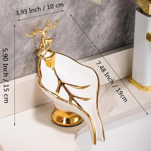 Compact Ceramic Soap Dish with Gold Deer Self-Draining for Bathroom Kitchen