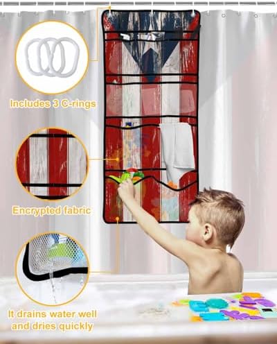 Herbed Puerto Rico Flag Water Proof ShowerCurtain Organizer Set with 10 Pockets