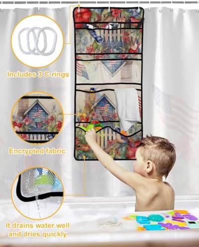 Waterproof Shower curtain with mesh caddy for home use