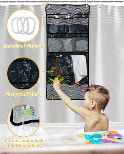 ZFUNCING Waterproof Shower Curtain with Mesh Organizer and Hooks