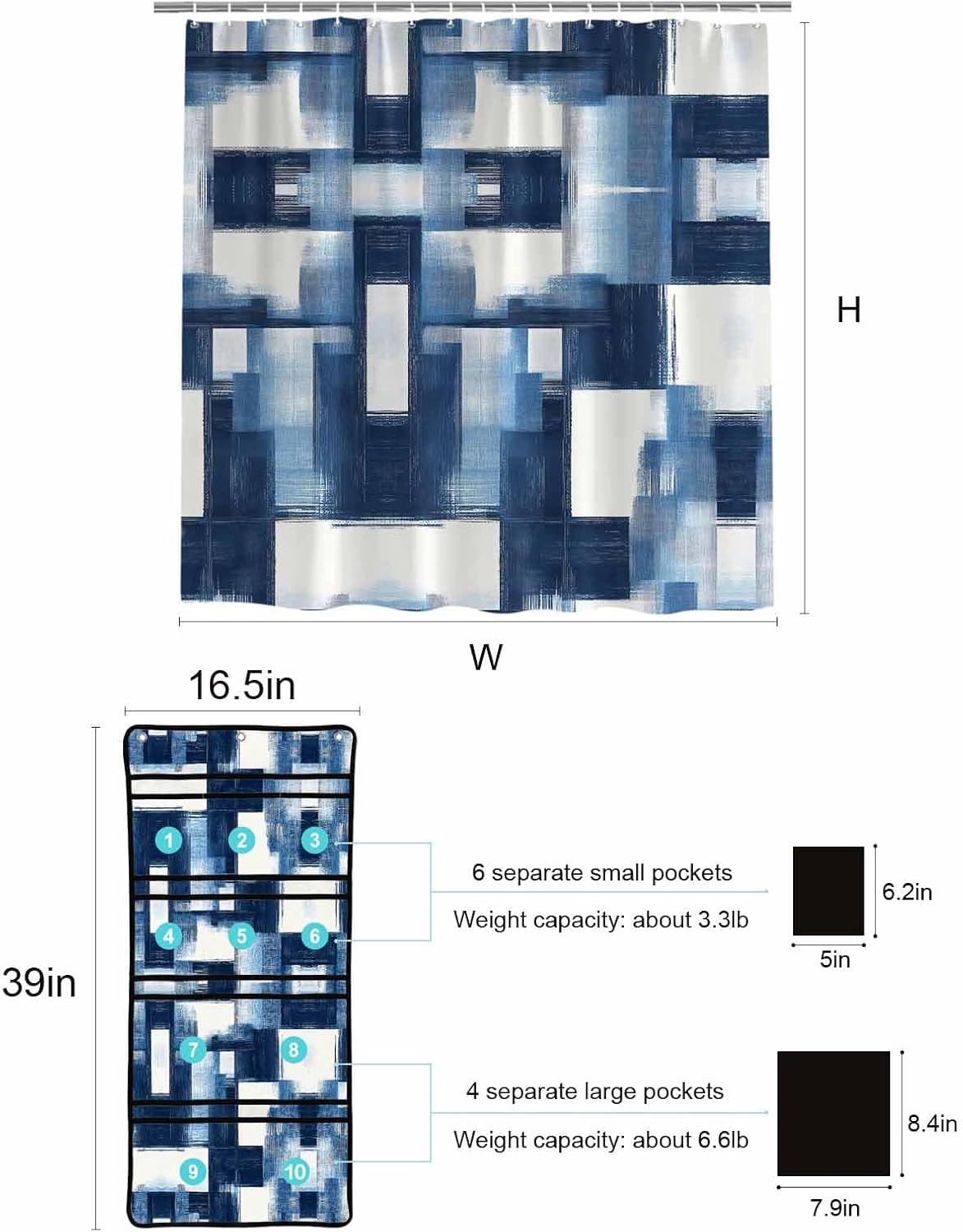 ZFUNCING 10-Pockets Mesh Organizer Abstract Blue White Waterproof Bath Use