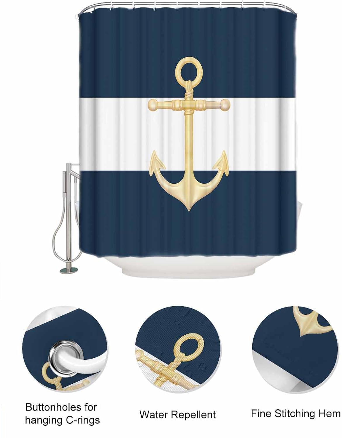 ZFUNCING Gold Sea Anchor Blue White Waterproof Shower Curtain Set