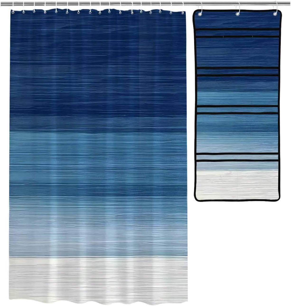 ZFUNCING Navy Blue White Gradient Shower Curtain Set with 10 Pockets