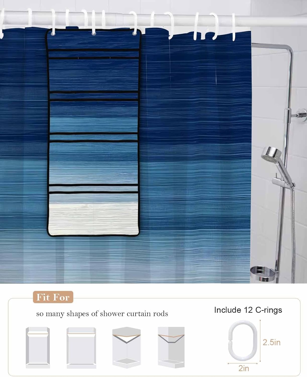 ZFUNCING Navy Blue White Gradient Shower Curtain Set with 10 Pockets