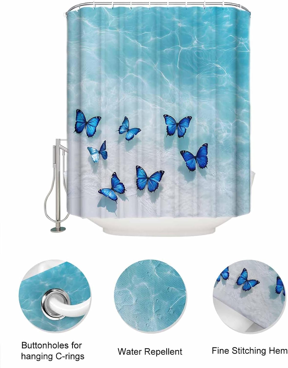 ZFUNCING Summer Blue Butterfly Waterproof Shower Curtain Set with Hooks