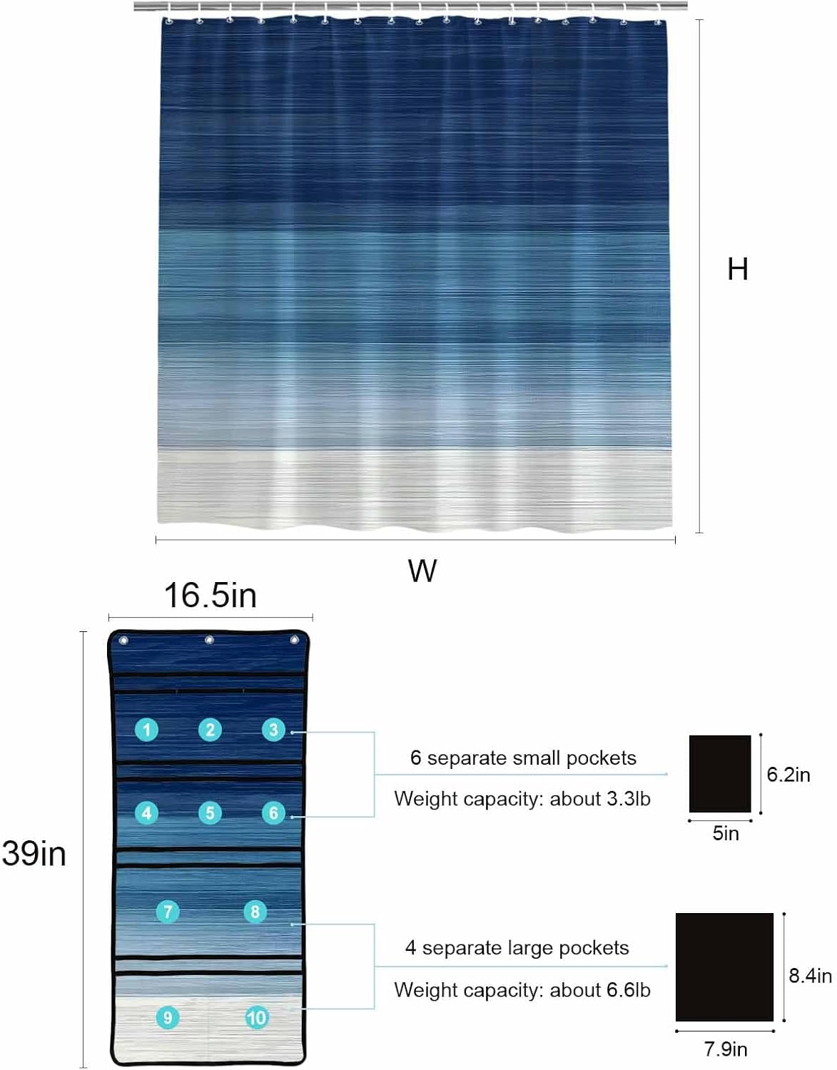 ZFUNCING Navy Blue White Gradient Shower Curtain Set with 10 Pockets