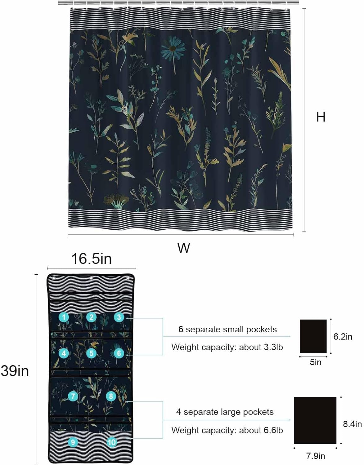 ZFUNCING Waterproof Shower Curtain with Mesh Organizer and Hooks