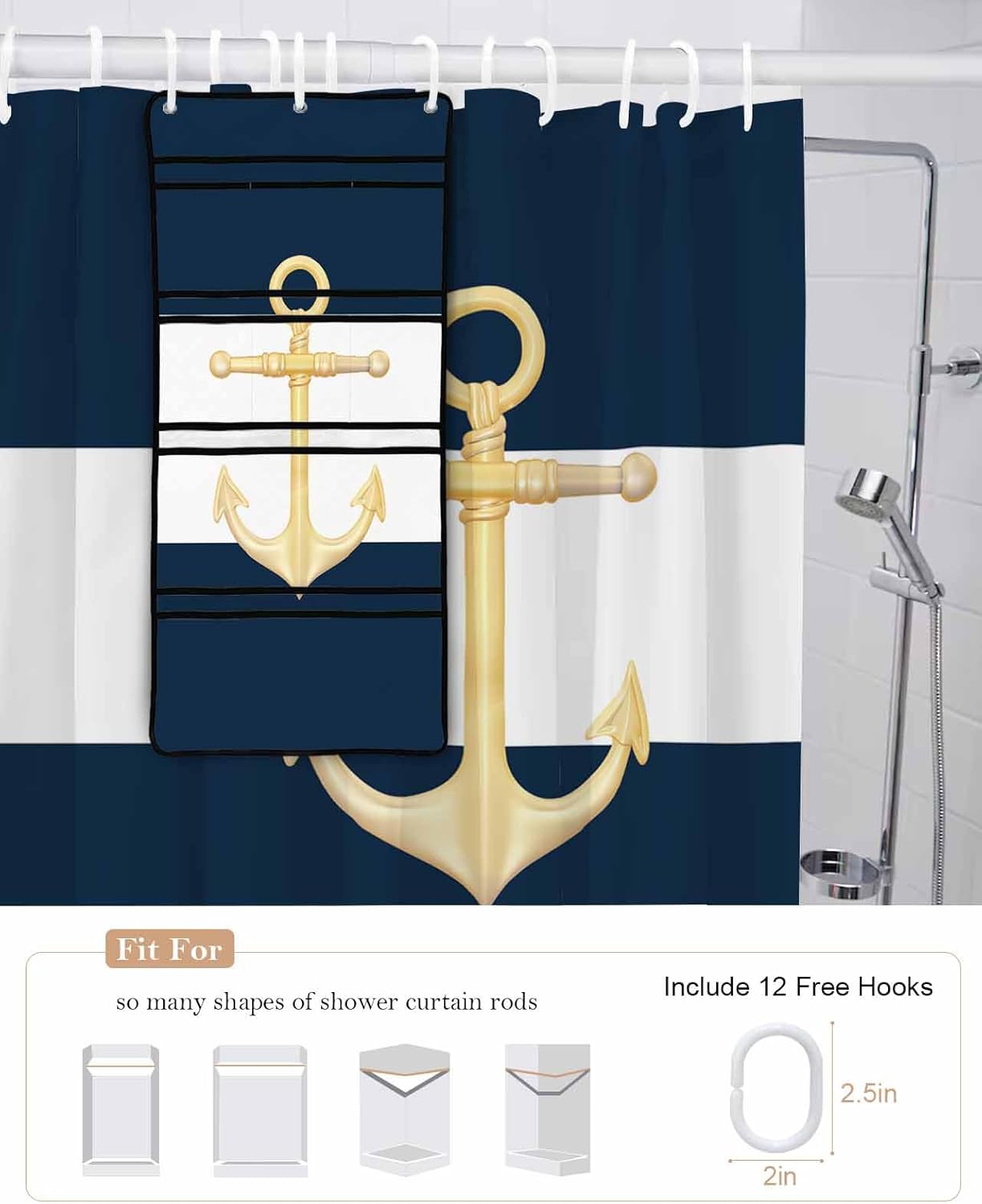 ZFUNCING Gold Sea Anchor Blue White Waterproof Shower Curtain Set