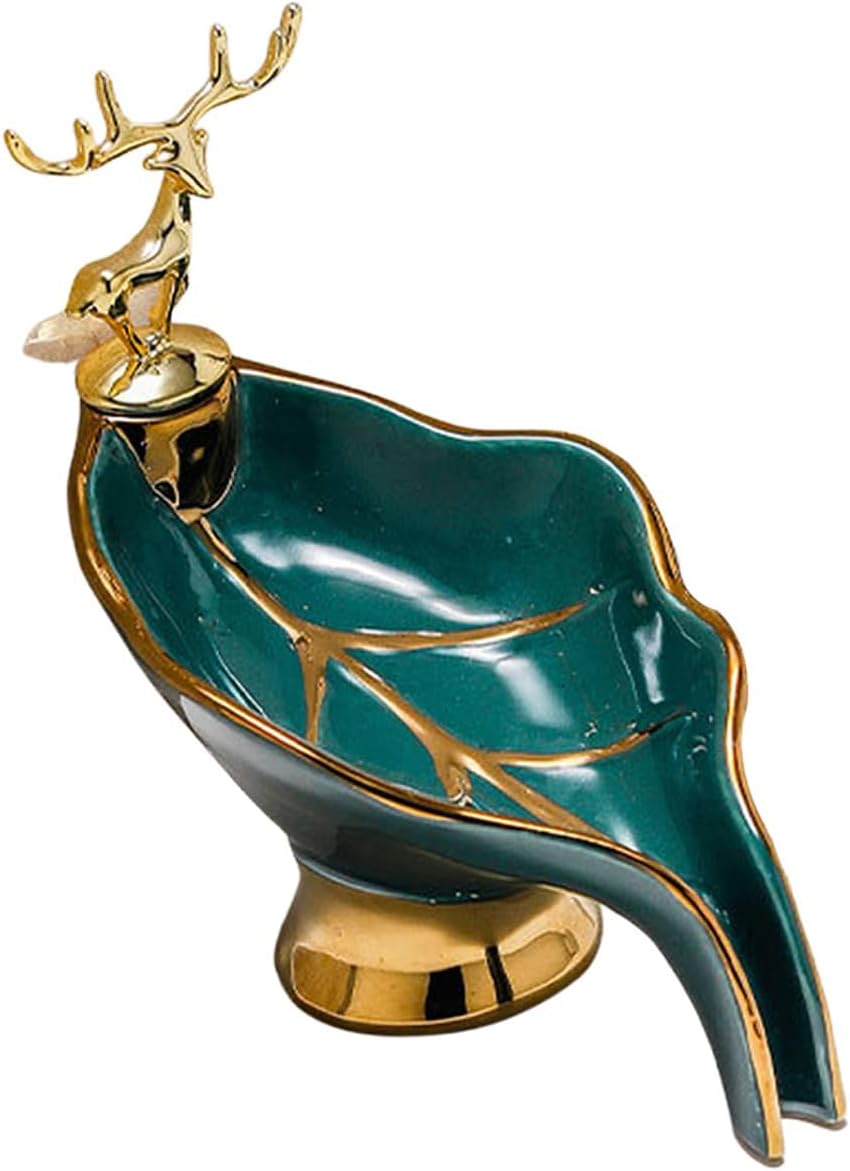 Compact Ceramic Soap Dish with Gold Deer Self-Draining for Bathroom Kitchen