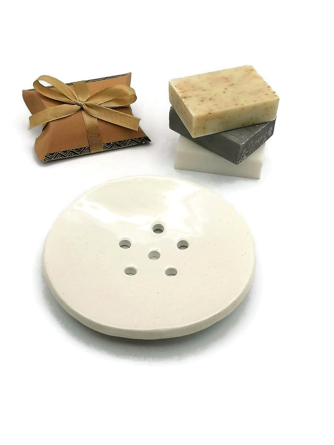 Handmade Ceramic Soap Dish Dispenser White 14cm