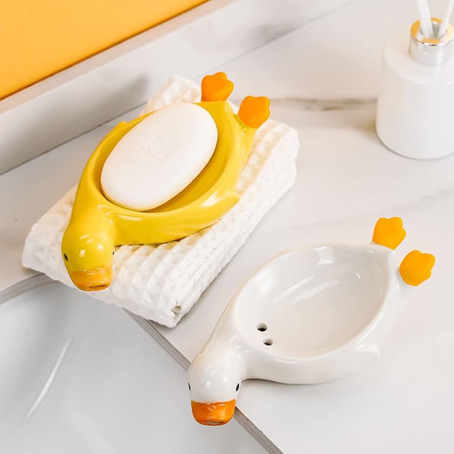2 Pcs Cute Duck Ceramic Soap Dish Bathroom Holder