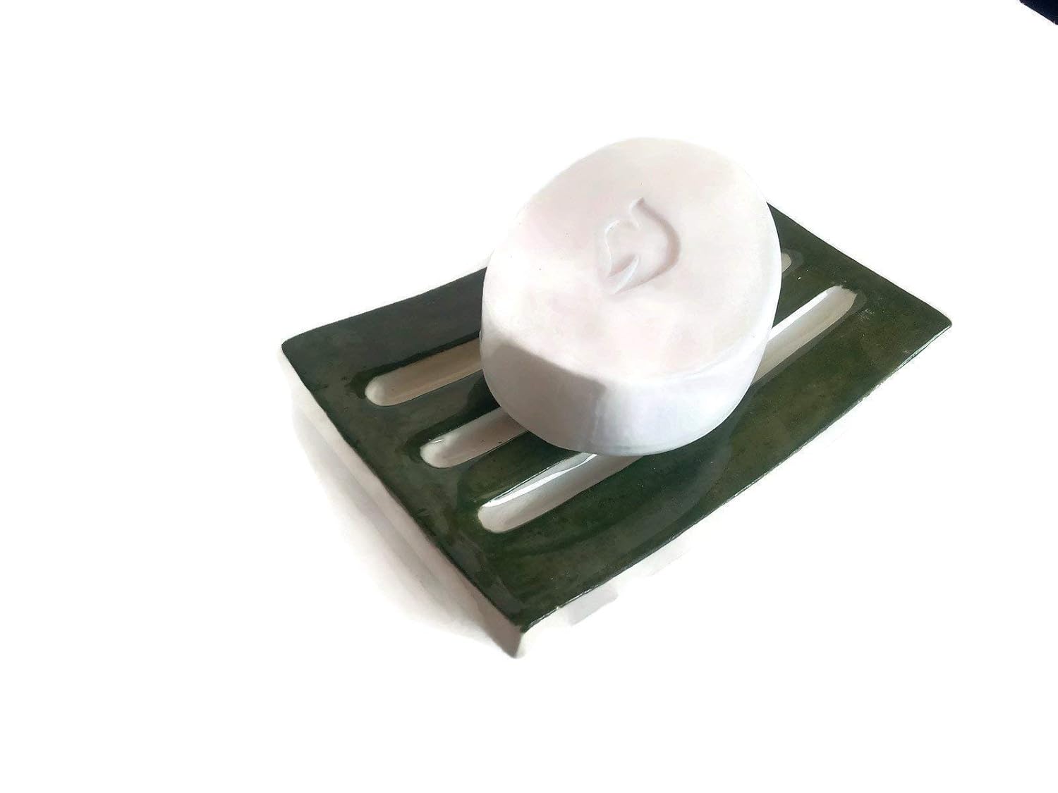 Handmade Olive Green Ceramic Quickly Drying Bar Soap Dish 13cm x 8cm