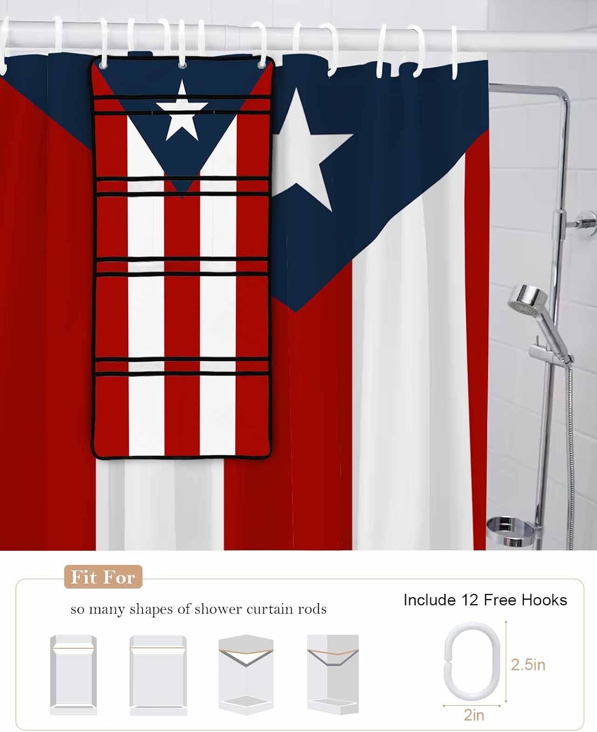 Shower Curtain Set with 10 Pockets and Puerto Rico FlagC