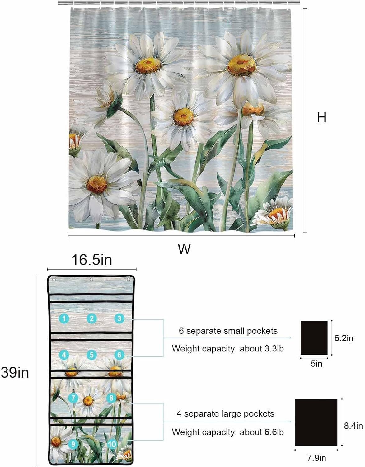 ZFUNCING Rustic Floral Shower Curtain with 10 Pockets Organizer Set